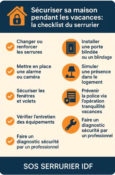 Infographie présentant les étapes essentielles pour sécuriser sa maison avant de partir en vacances : serrures, porte blindée, alarme, fenêtres, etc.
