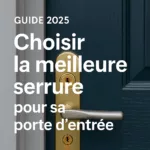Serrure de sécurité dorée installée sur une porte d'entrée bleu foncé avec le logo SOS Serrurier IDF – Guide 2025 pour bien choisir sa serrure.