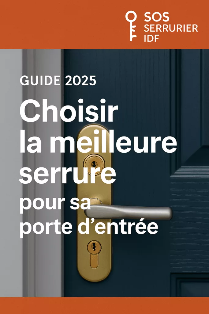 Serrure de sécurité dorée installée sur une porte d'entrée bleu foncé avec le logo SOS Serrurier IDF – Guide 2025 pour bien choisir sa serrure.