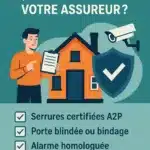 Illustration d’un homme avec une checklist devant une maison sécurisée, mettant en avant les recommandations des assureurs en matière de sécurité habitation (serrure A2P, alarme, porte blindée).