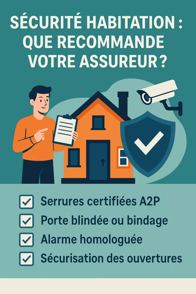 Illustration d’un homme avec une checklist devant une maison sécurisée, mettant en avant les recommandations des assureurs en matière de sécurité habitation (serrure A2P, alarme, porte blindée).