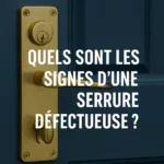 Gros plan sur une serrure dorée sur porte bleu foncé avec texte “Quels sont les signes d’une serrure défectueuse ?” et logo SOS Serrurier IDF.