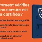 Visuel explicatif montrant comment vérifier si une serrure est bien certifiée A2P, avec liste des étapes à suivre