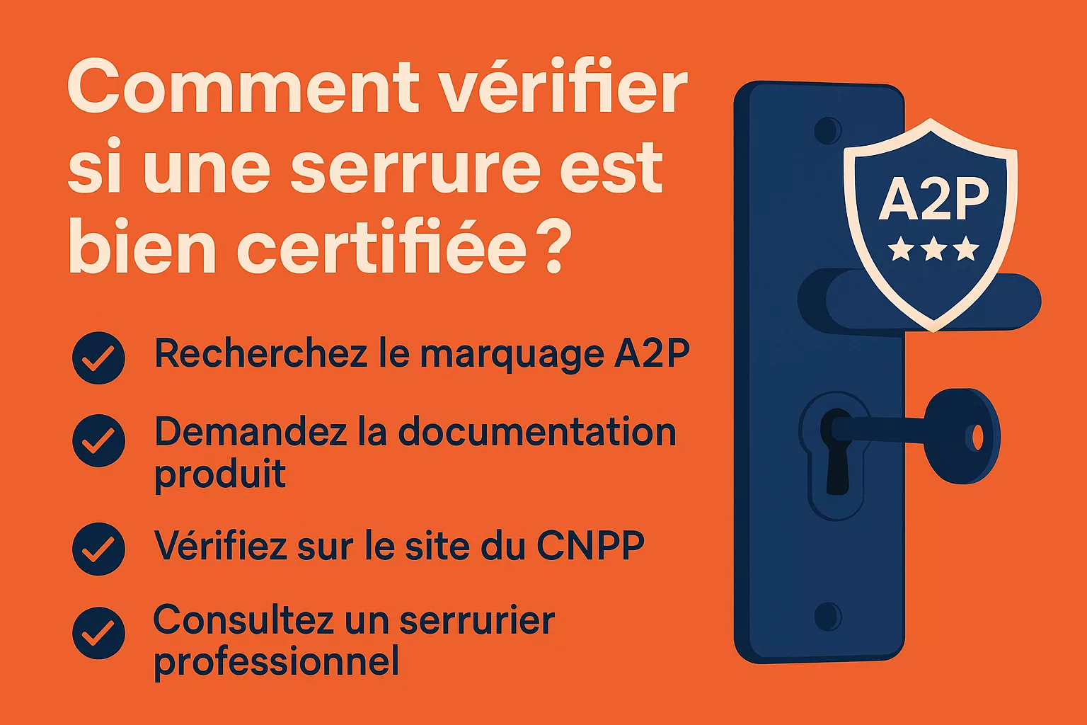 Visuel explicatif montrant comment vérifier si une serrure est bien certifiée A2P, avec liste des étapes à suivre